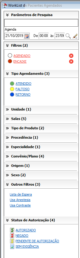 Parãmetros de Pesquisa na Tela de Worklist de Pacientes Agendados