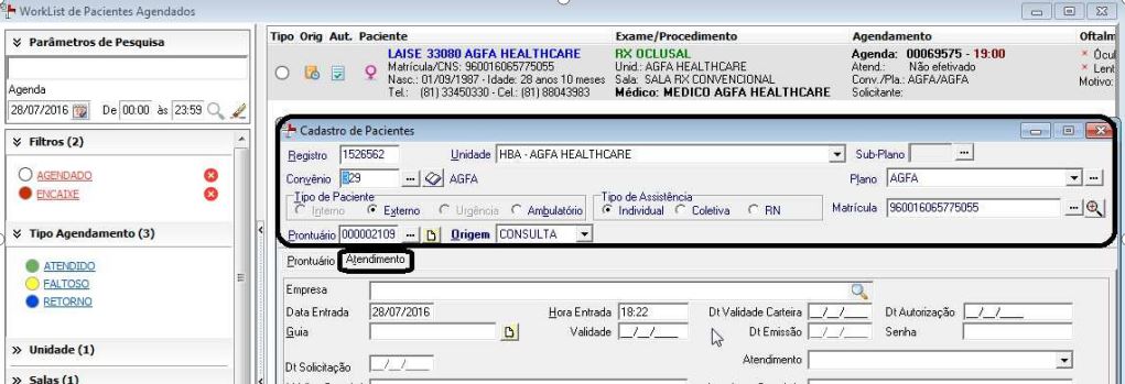 Efetivação de pacientes Tela de Worklist de Pacientes Agendados